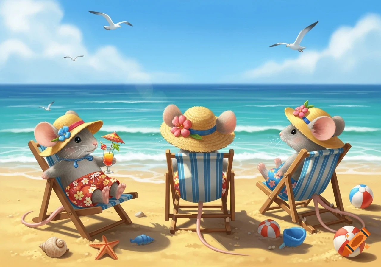 Three cartoon mice in straw hats relax in beach chairs on a sunny beach with the ocean and seagulls.