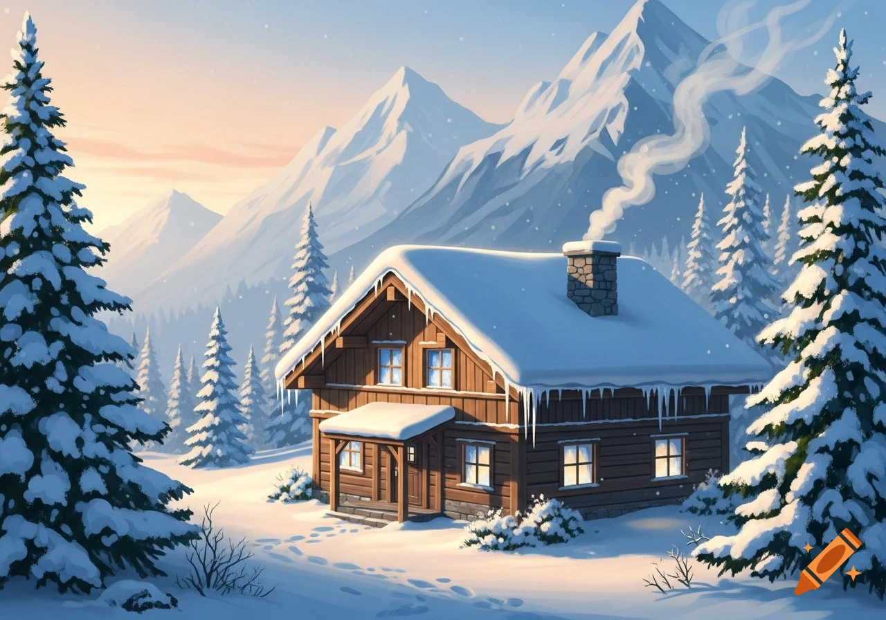 An illustrated cozy wooden cabin in a snowy mountain landscape with ...