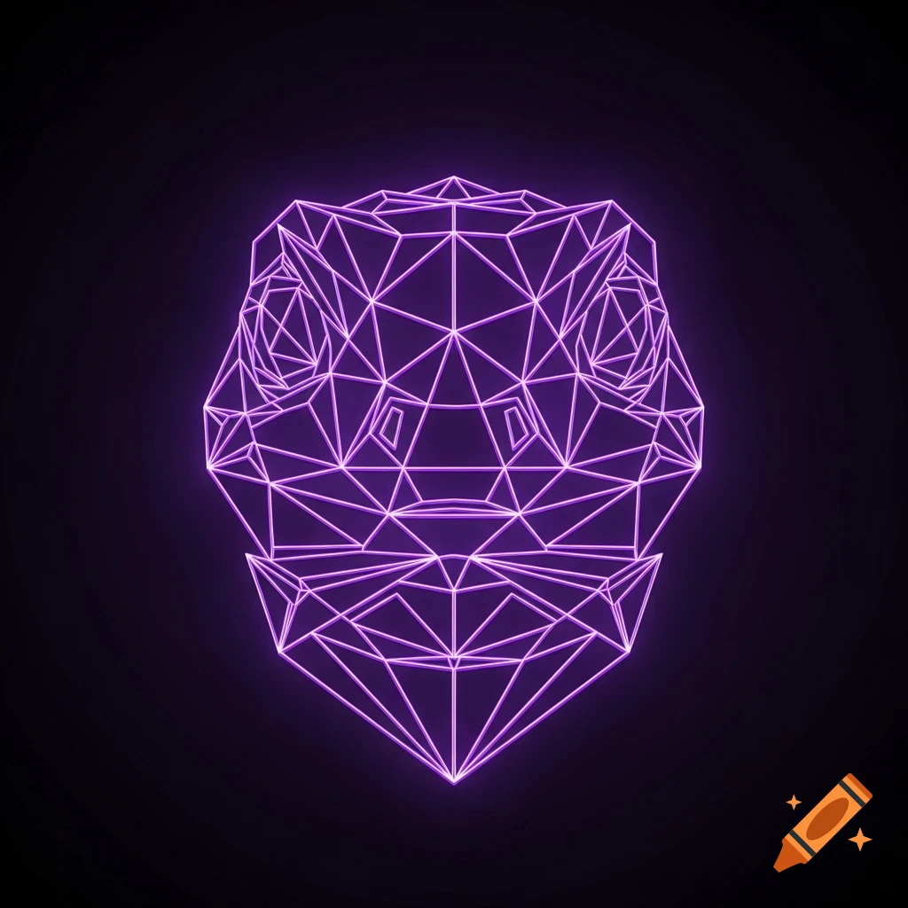 A minimalist geometric lizard head composed of glowing purple lines on a dark background.