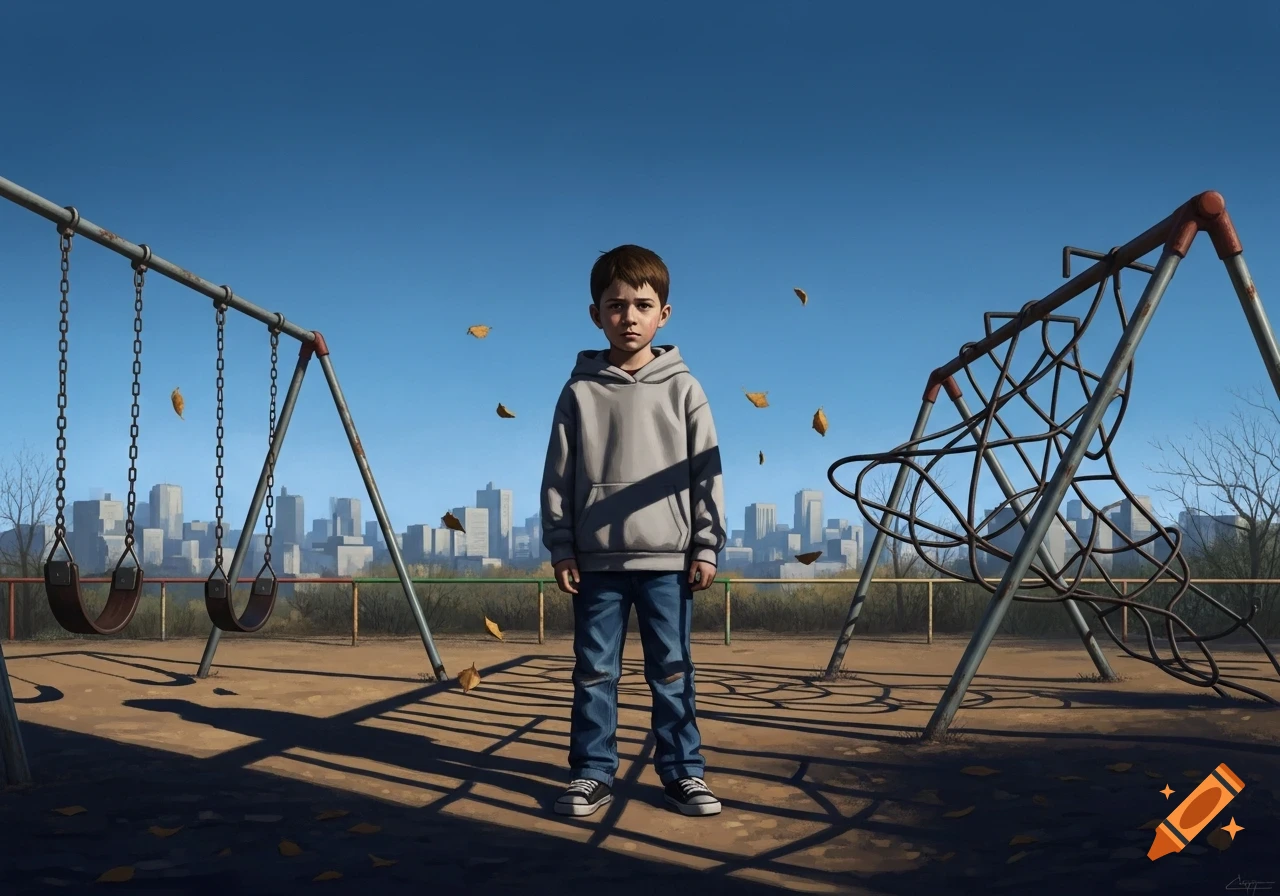 A young boy stands alone in a playground with swings and a climbing frame, backed by a city skyline under a clear blue sky, in a realistic digital painting.
