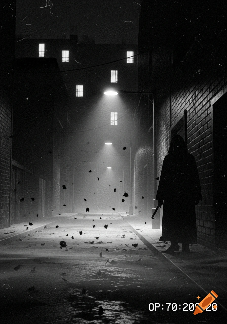 A cloaked figure in a dark, foggy, black and white alley with streetlights. Grainy, security camera footage aesthetic with a timestamp.