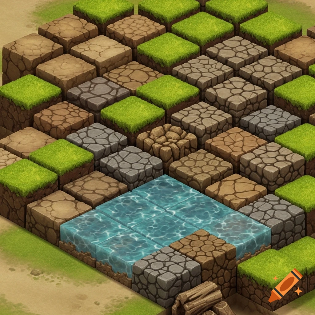 Isometric game tileset featuring grass, dirt, stone, and water blocks with varied textures.