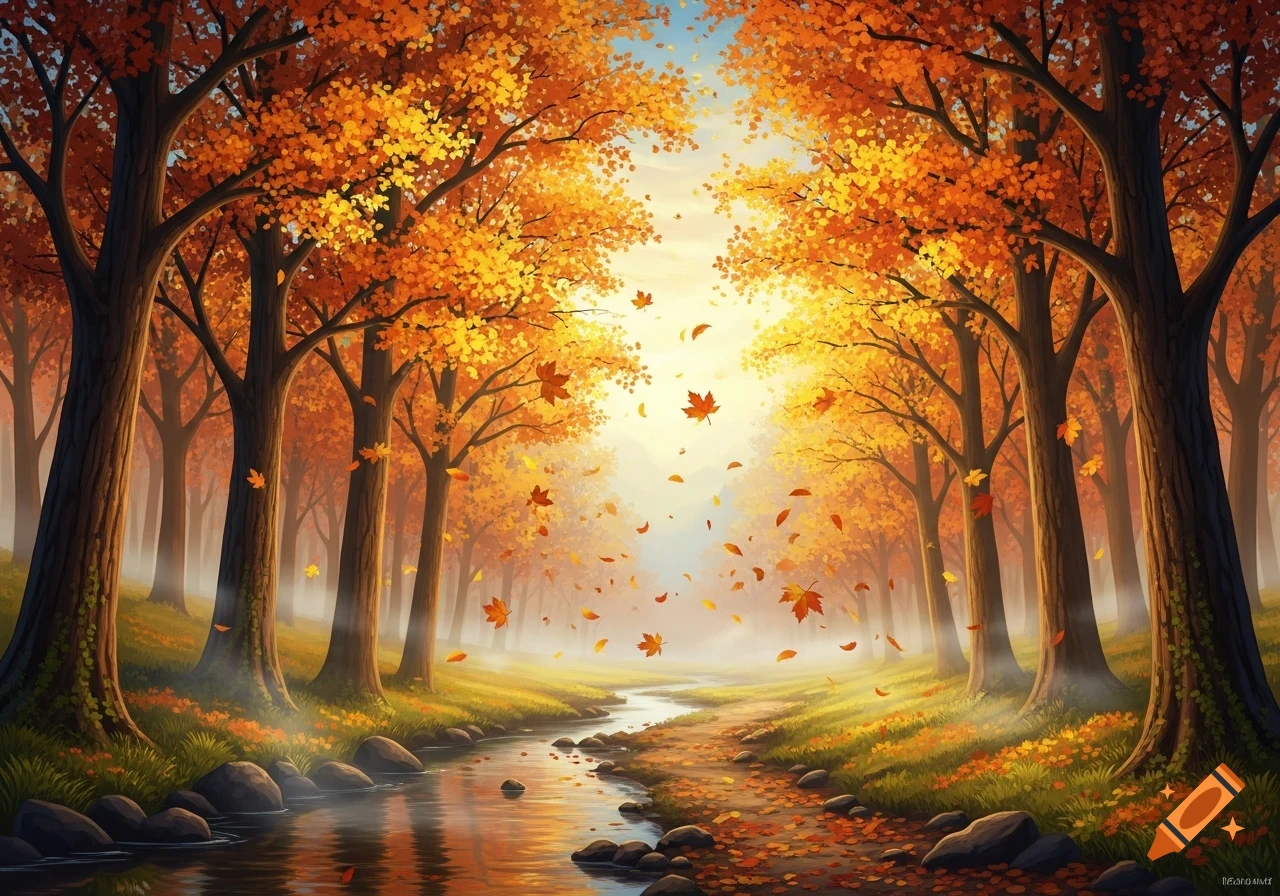 Vibrant autumn forest with orange and yellow trees, a winding stream ...