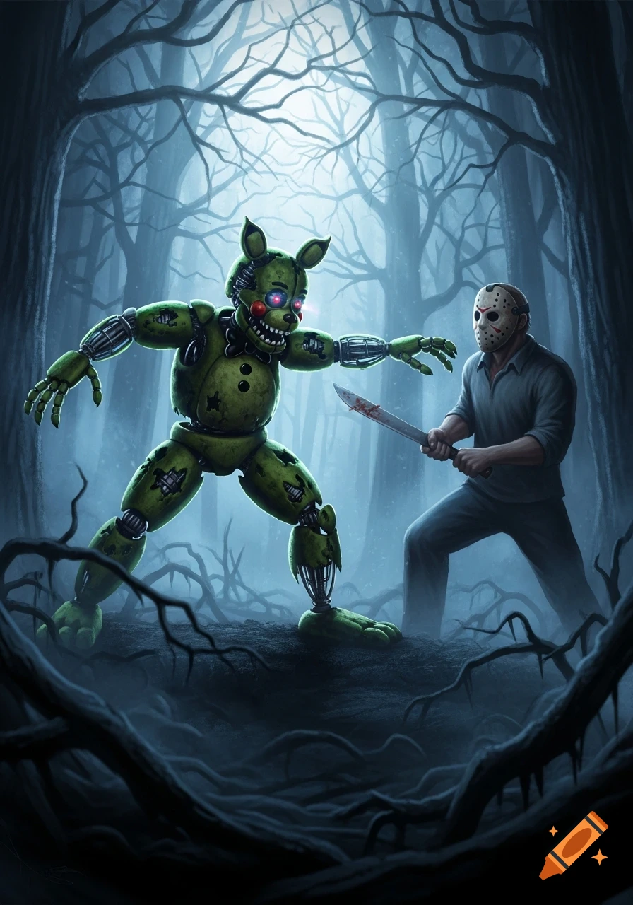 Springtrap from Five Nights at Freddy's fighting Jason Voorhees with a bloody machete in a dark, misty forest.