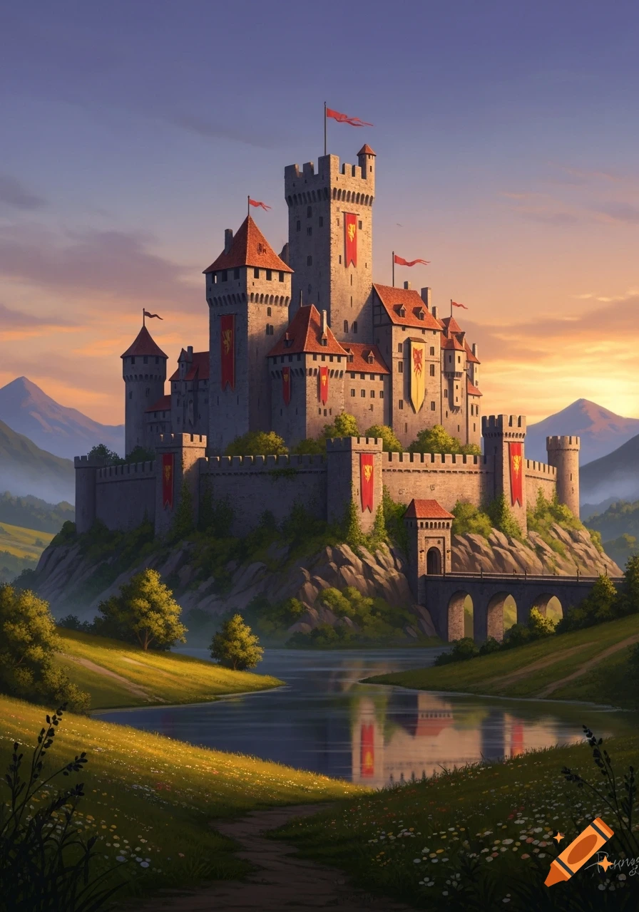A majestic medieval castle with red and yellow banners stands on a hill overlooking a river and green fields at sunset.