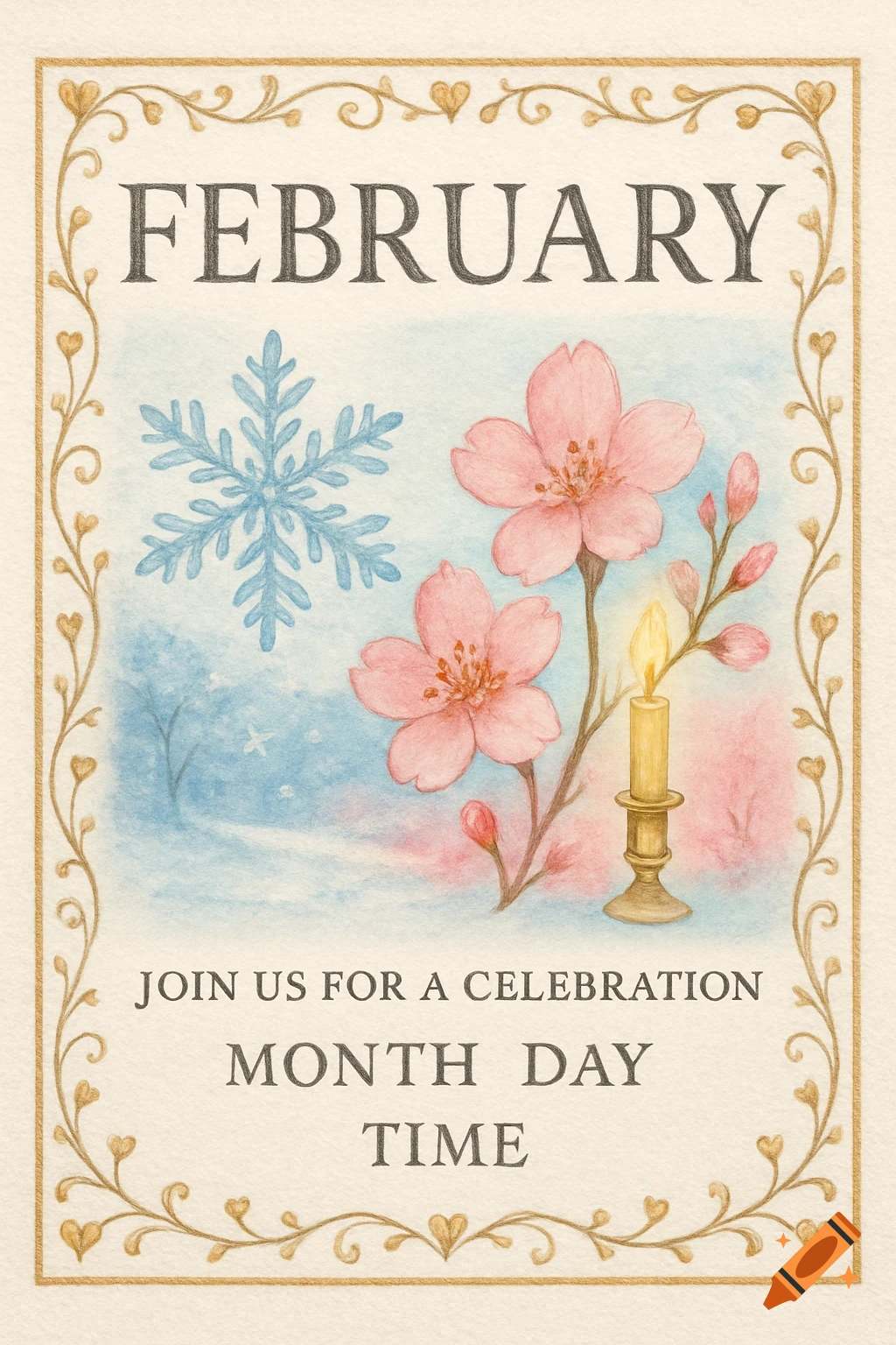Watercolor invitation card for February featuring a snowflake, pink cherry blossoms, and a lit candle, framed by a decorative border.