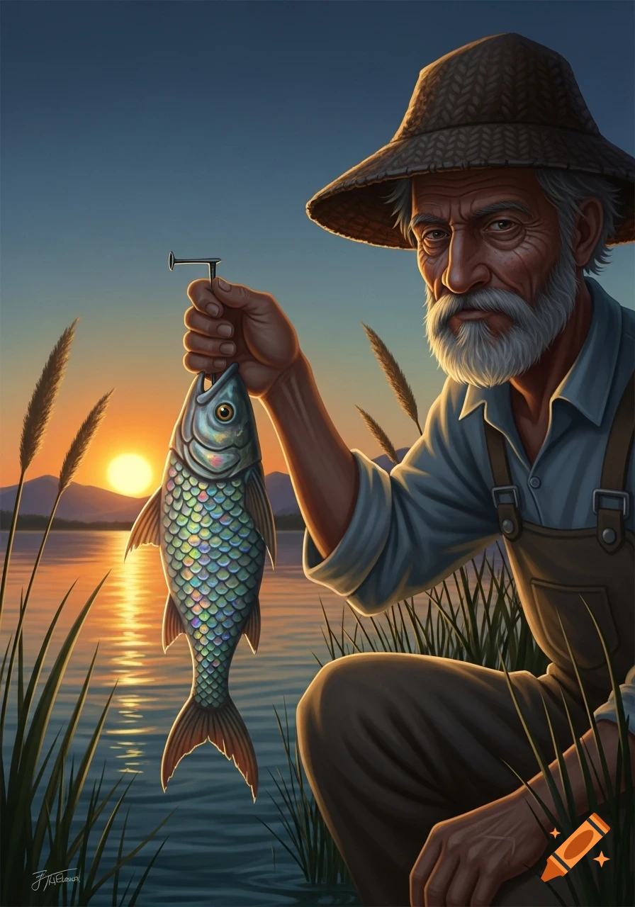 Stylized illustration of an old man in a straw hat and overalls, holding a fish by a nail at sunset over a lake.