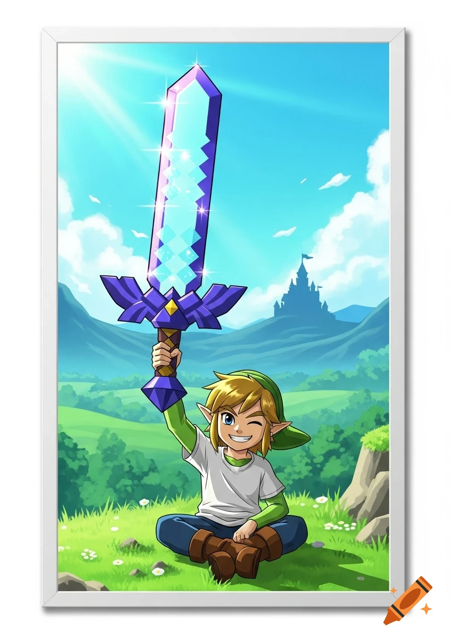 A cartoon Link from Zelda sits winking in a grassy field, holding a ...