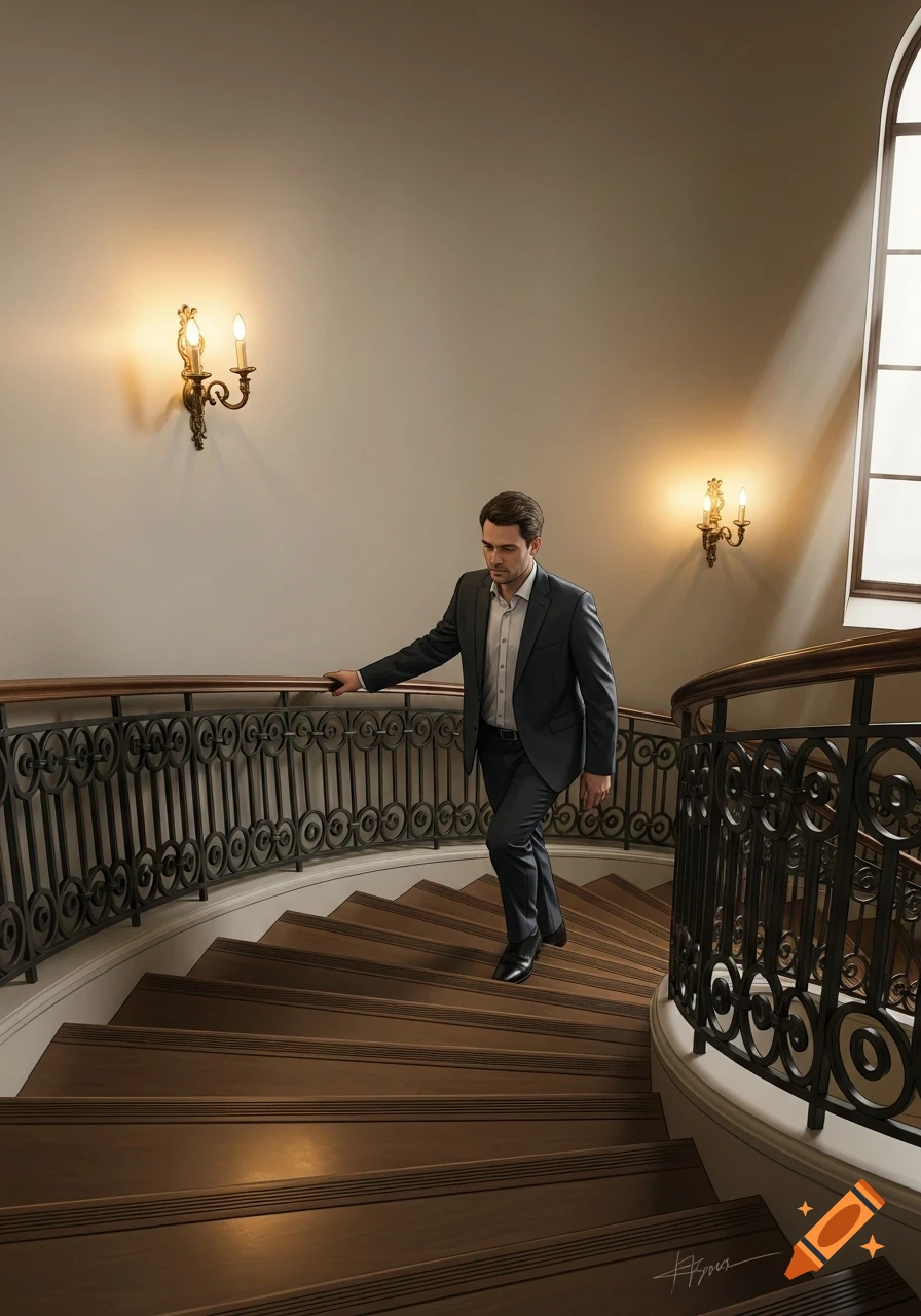 A man in a dark suit walks up a grand spiral wooden staircase with ornate black metal railings and wall sconces.