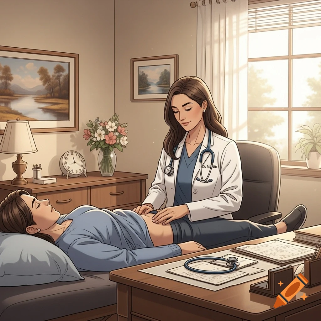 A stylized illustration of a female doctor in a white coat examining a patient's abdomen in a bright room.
