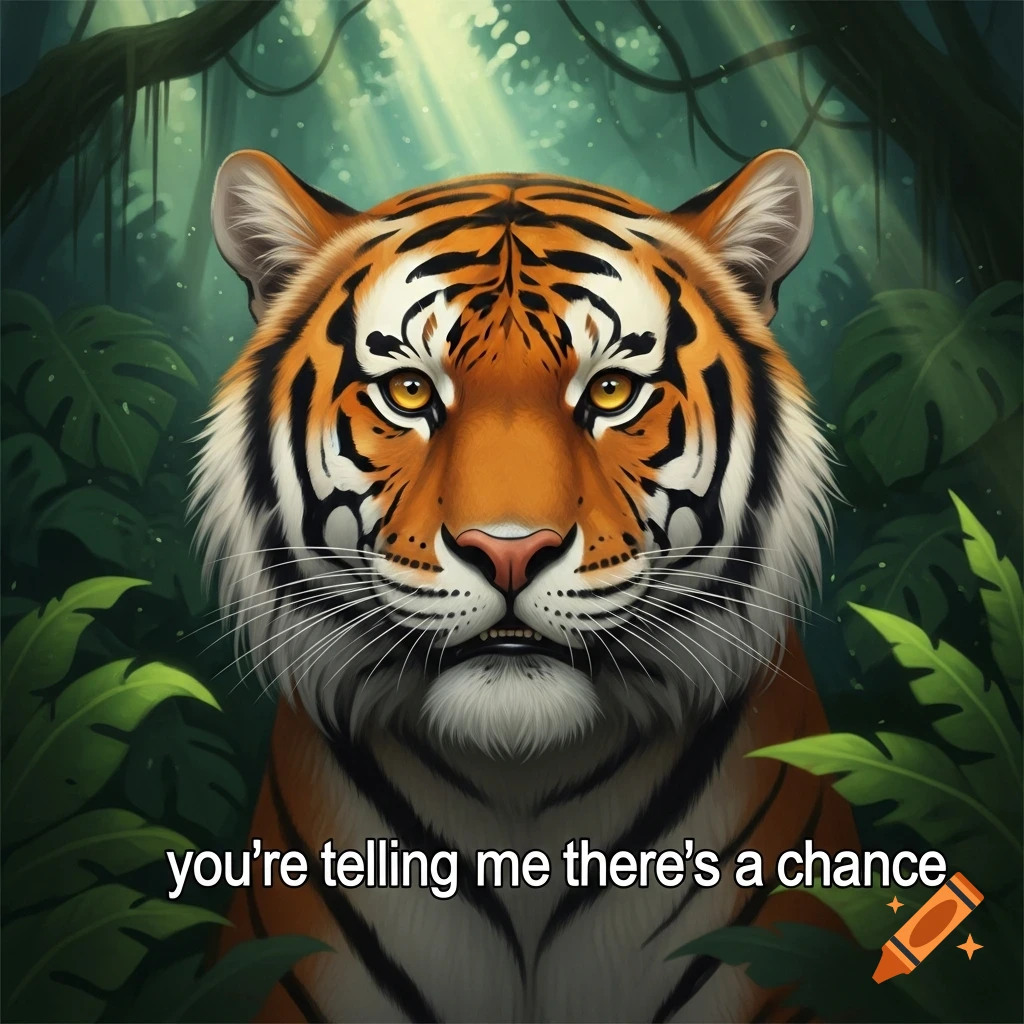 Close-up illustration of a serious Bengal tiger in a jungle, with the text 'you're telling me there's a chance'.