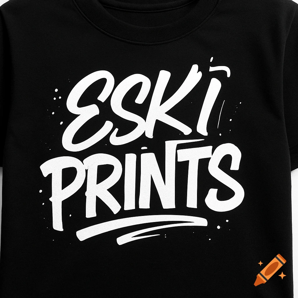Close-up of a black t-shirt with 'ESKI PRINTS' in bold white graffiti-style lettering.