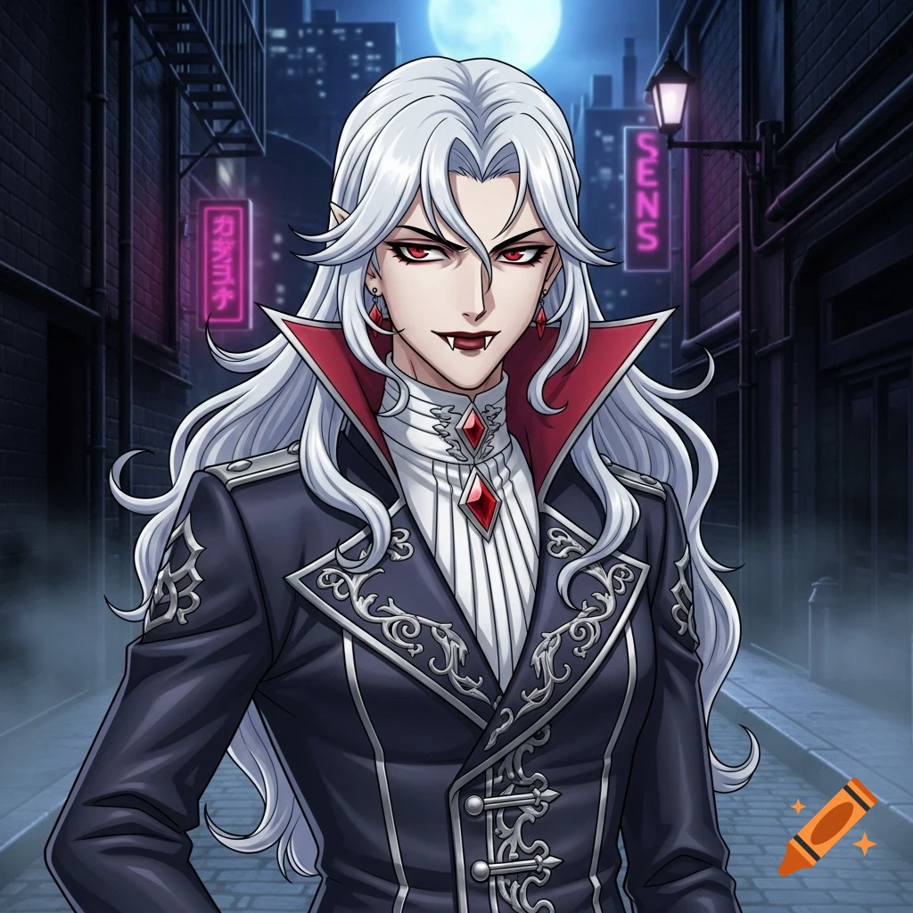 An anime-style male vampire with white hair, red eyes, and fangs, wearing a black and red uniform, stands in a dark city alley at night under a full moon.