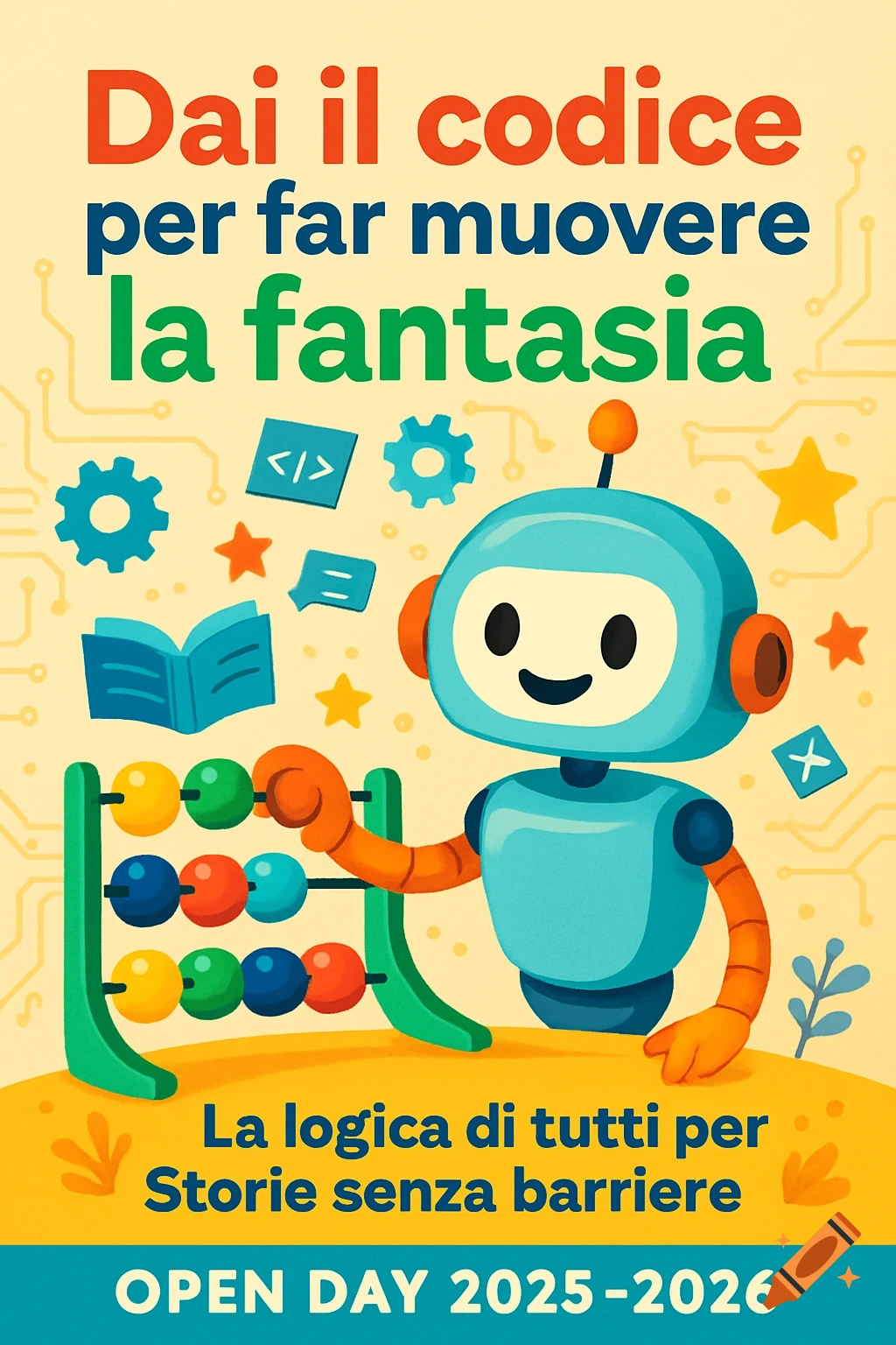 A colorful illustration of a smiling robot interacting with an abacus, surrounded by gears, stars, and code blocks, with text about coding and an "Open Day 2025-2026".
