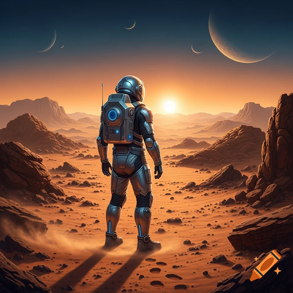 Astronaut in a space suit stands on a red desert planet, looking at the ...