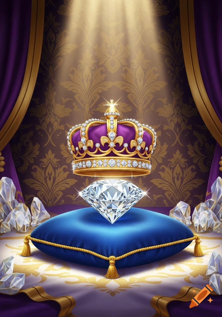 A sparkling diamond rests on a blue velvet cushion beneath an ornate gold and purple crown, set against a regal damask background with draped curtains.