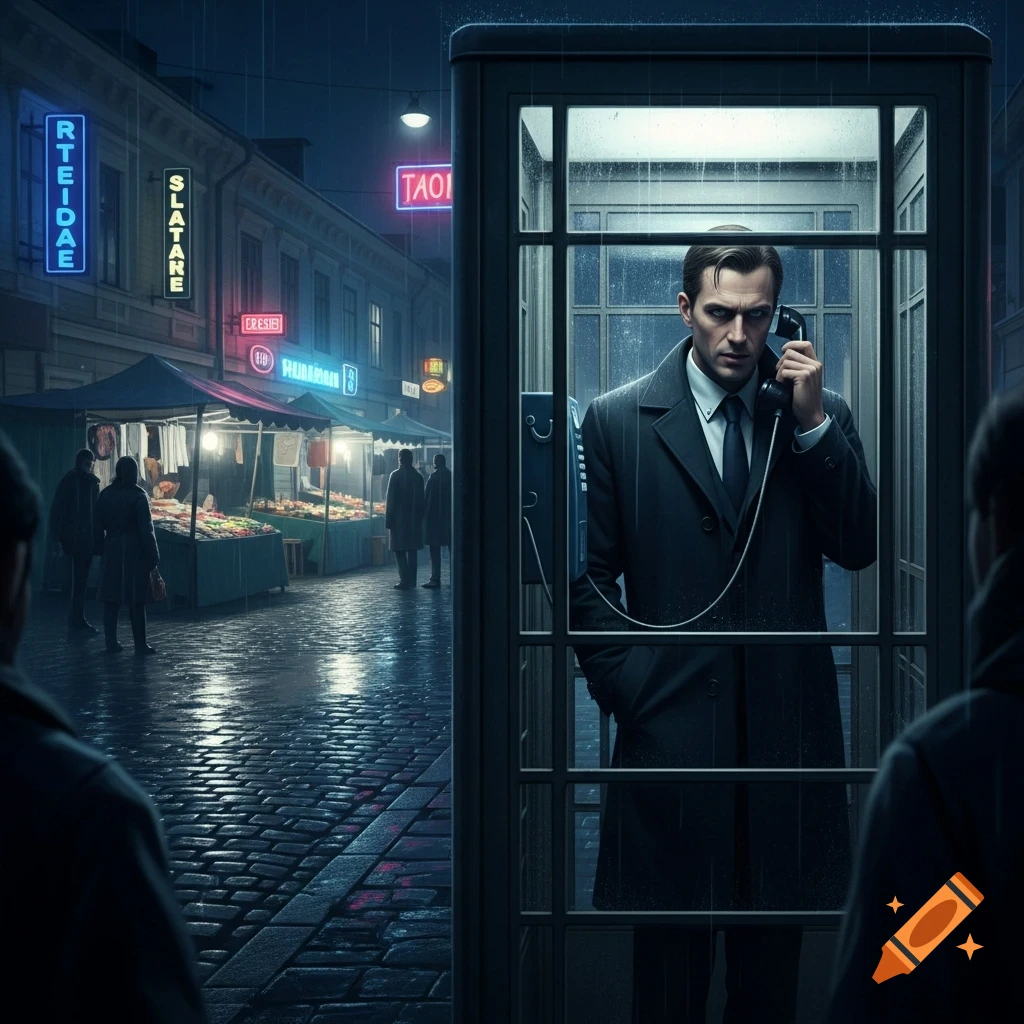 A man in a trench coat is inside a phone booth on a rainy night, holding the receiver to his ear with a serious expression. In the background, a street market glows with neon signs and blurred figures.