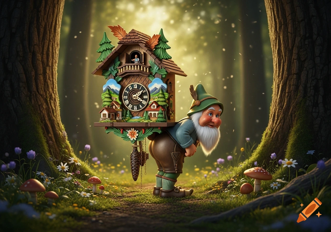 A smiling gnome in a green hat carries a detailed cuckoo clock through a magical forest with wildflowers and mushrooms.