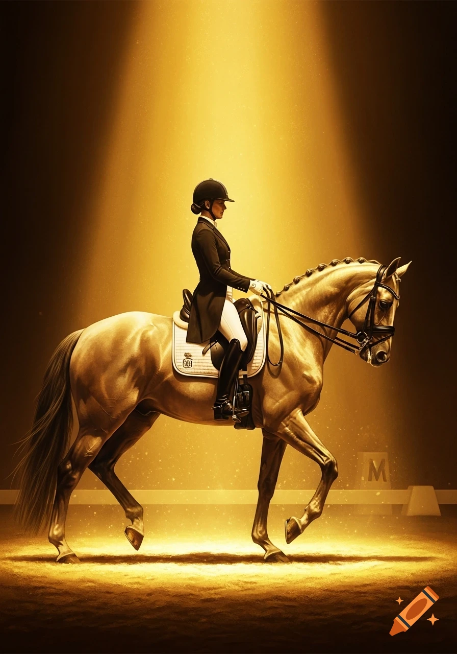 A side profile of a female rider on a dressage horse, bathed in golden light from below, on a golden ground.