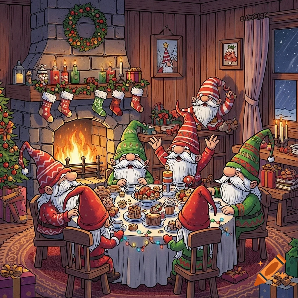 A family of gnomes celebrating Christmas around a table laden with food in a cozy, comic-style room with a fireplace.