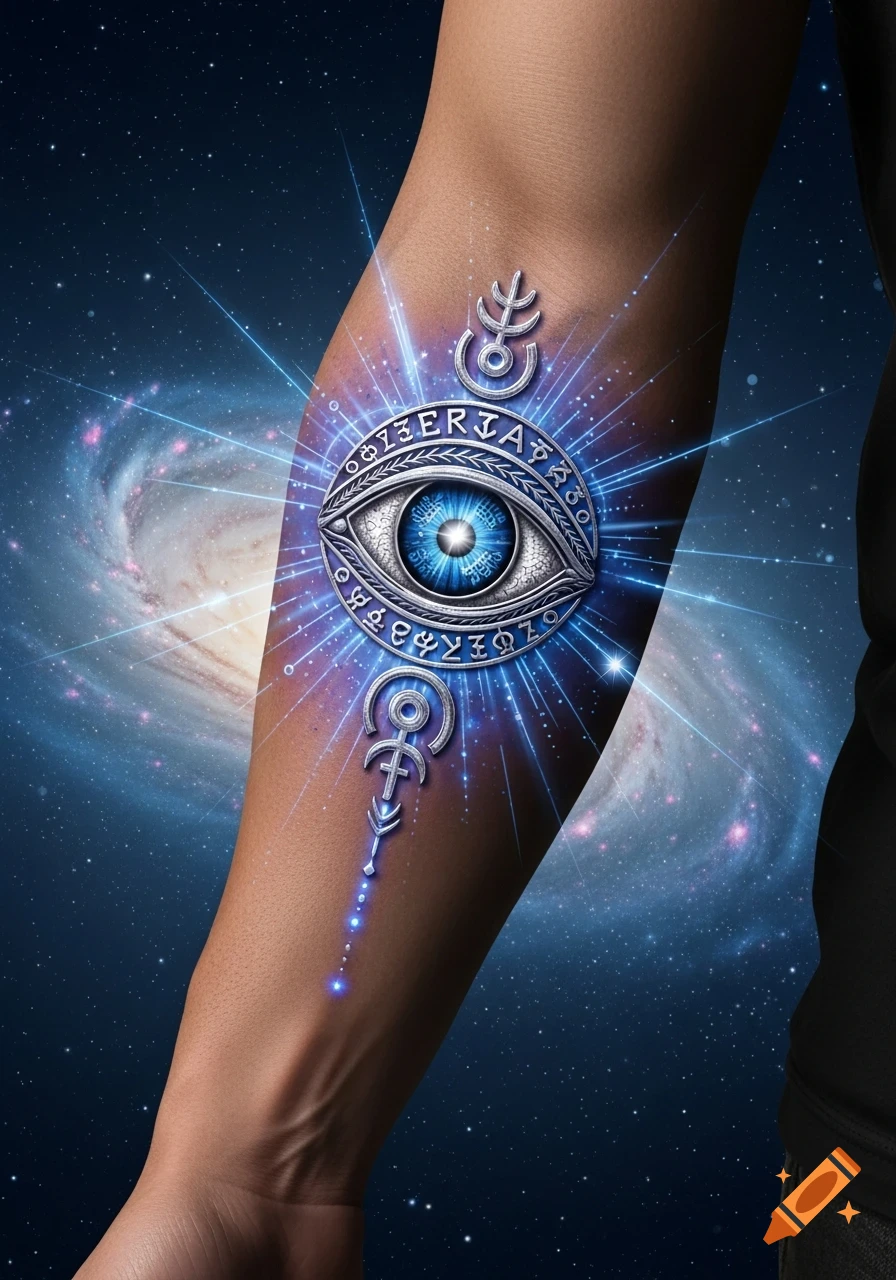 Spiritual evil eye tattoo with a blue iris and glowing symbols on an arm, set against a galaxy background.