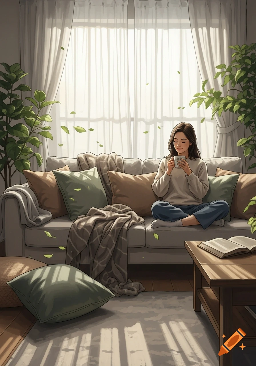 Illustrated woman sitting cross-legged on a couch, holding a mug, in a sunlit cozy living room with plants and a book.