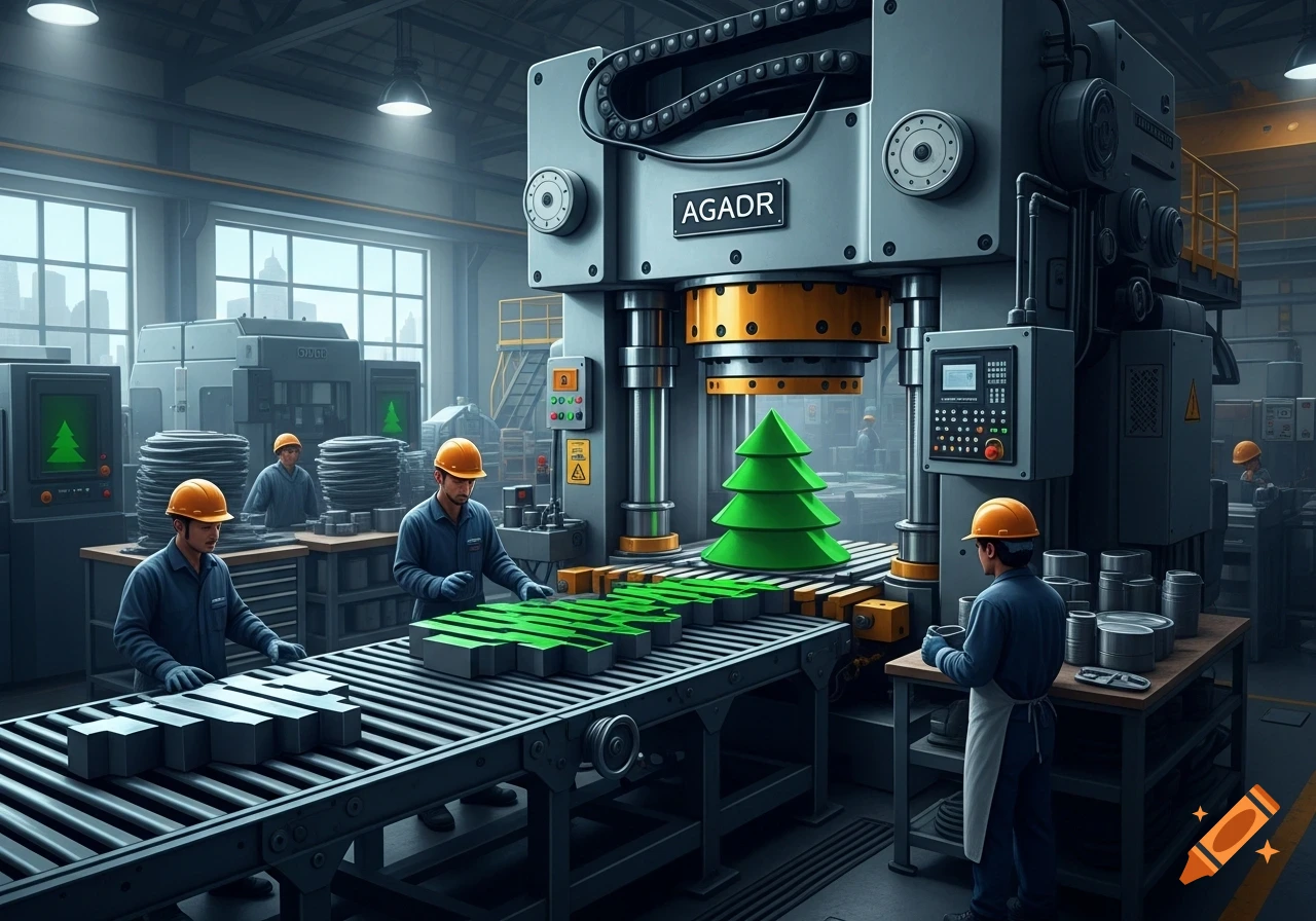 Factory workers assemble green Christmas tree shaped objects on a conveyor belt, with a large press machine in the background.