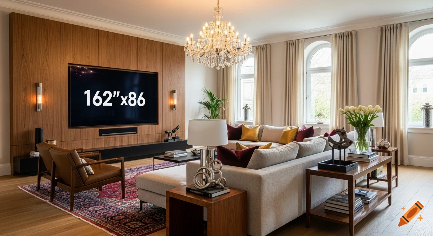 Photorealistic image of a luxurious living room with a large TV displaying "162"x86", a chandelier, a beige couch, and wooden wall panels.