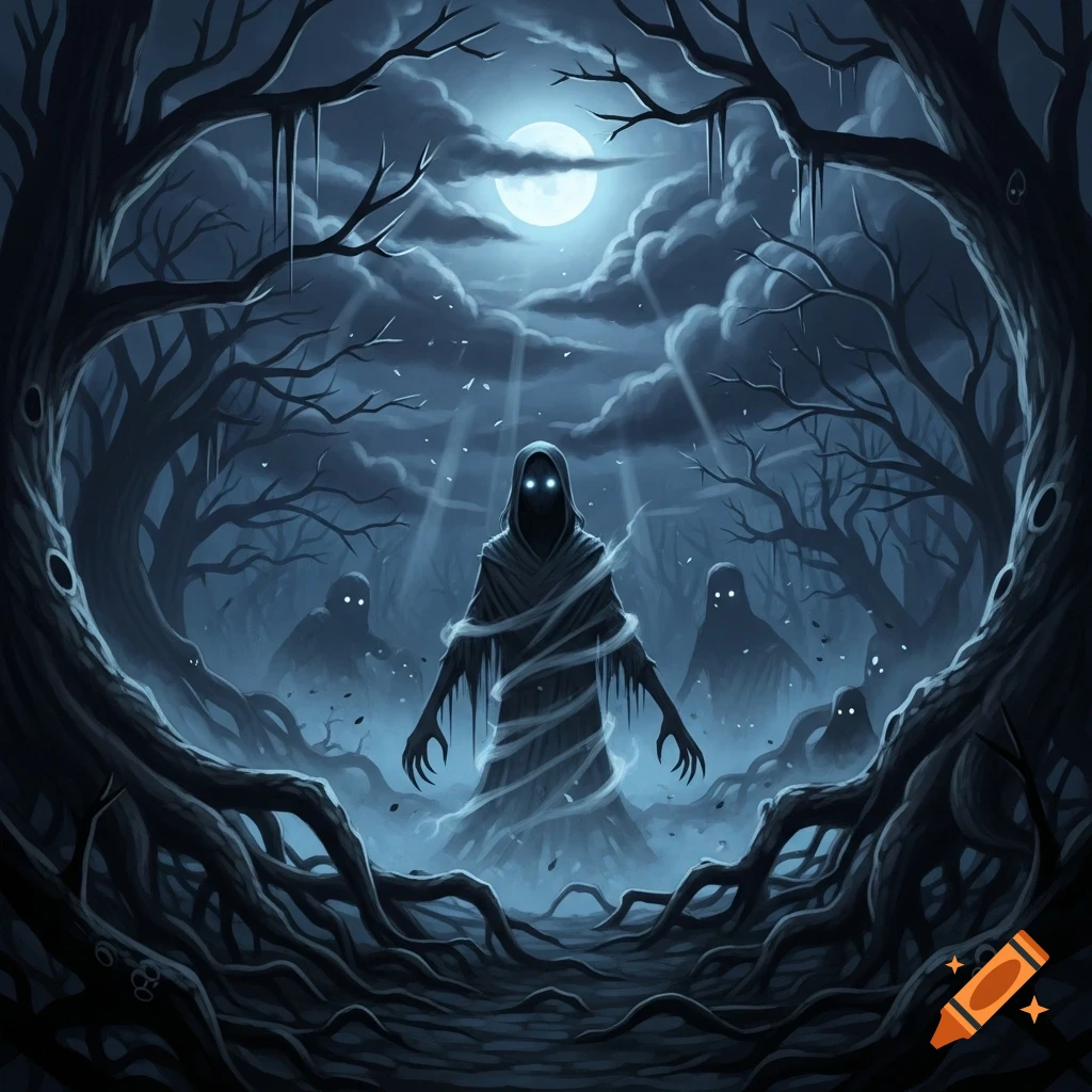 Stylized digital art of a cloaked figure with glowing eyes surrounded by other shadowy figures in a dark, gnarled forest under a full moon.