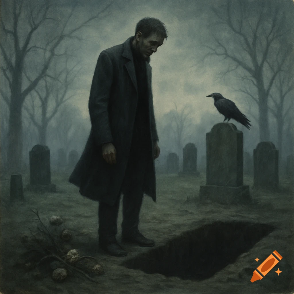 A man in a dark coat stands over an open grave in a foggy cemetery, with a crow perched on a tombstone.