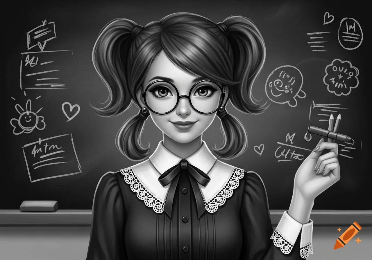 A black and white illustration of a cute girl with pigtails, glasses ...