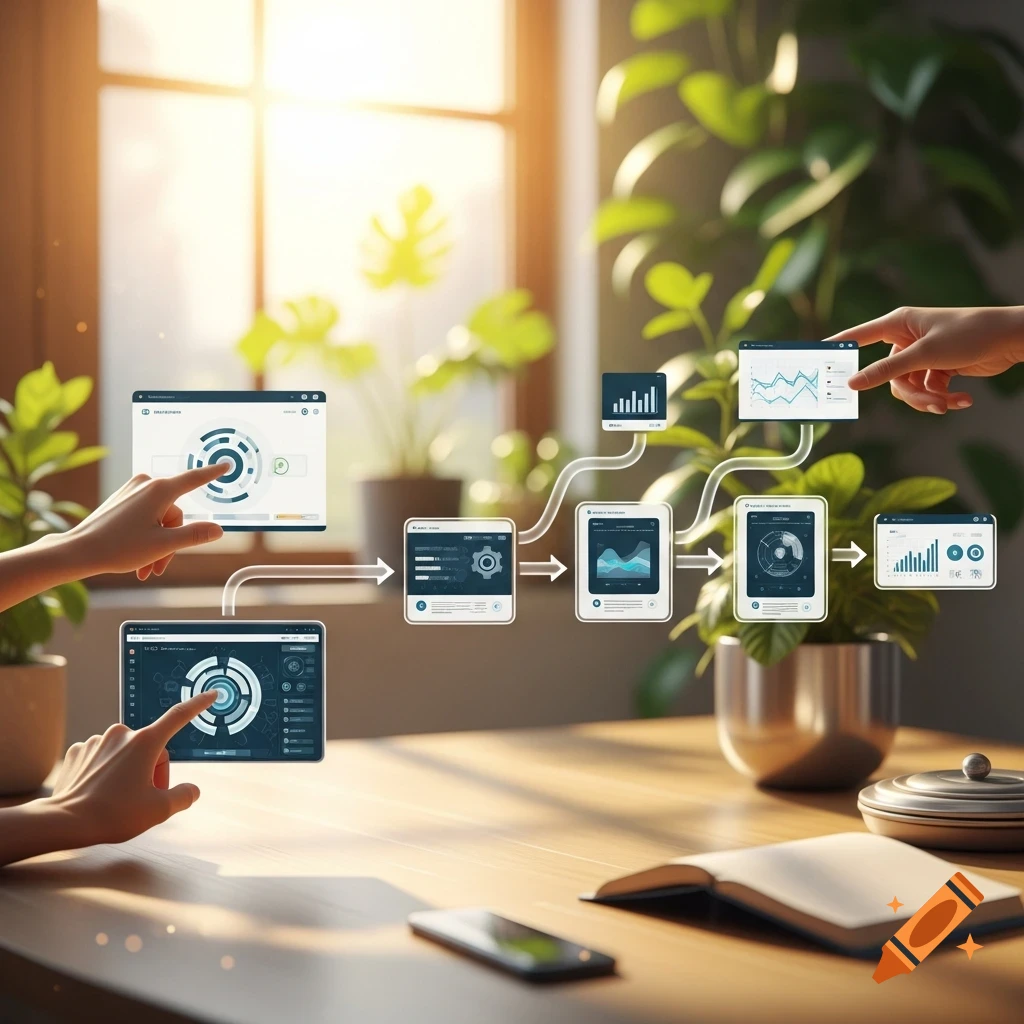 Photorealistic image of hands interacting with digital screens displaying a multi-step data or business process flow on a wooden desk with plants in the background.