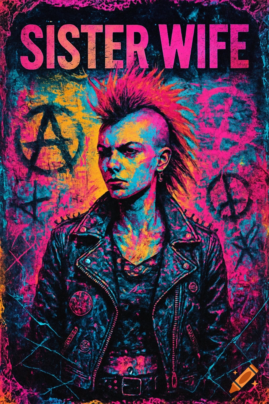 Vibrant neon pop art portrait of a punk person with a pink mohawk and leather jacket, "SISTER WIFE" text above, and anarchist symbols.