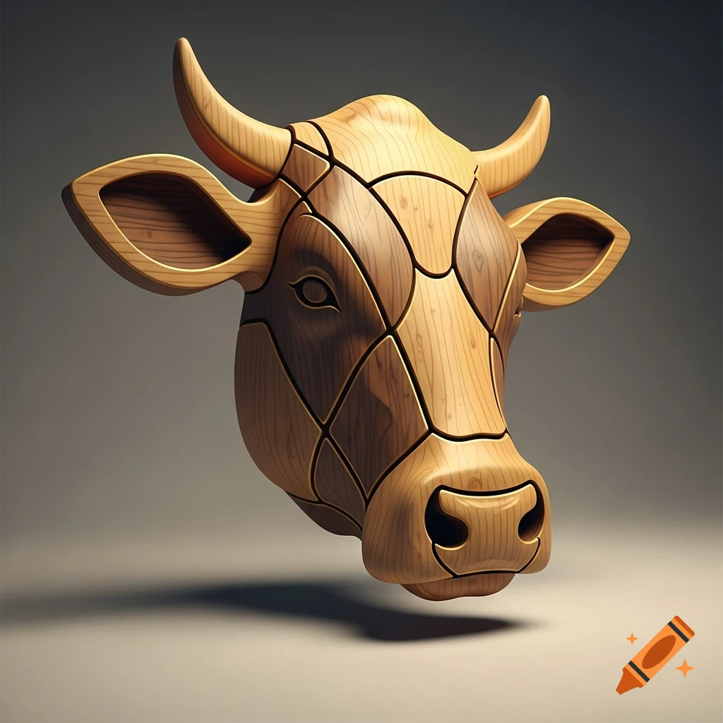 A stylized cow head crafted from light and dark wooden puzzle-like pieces, set against a smooth grey background.