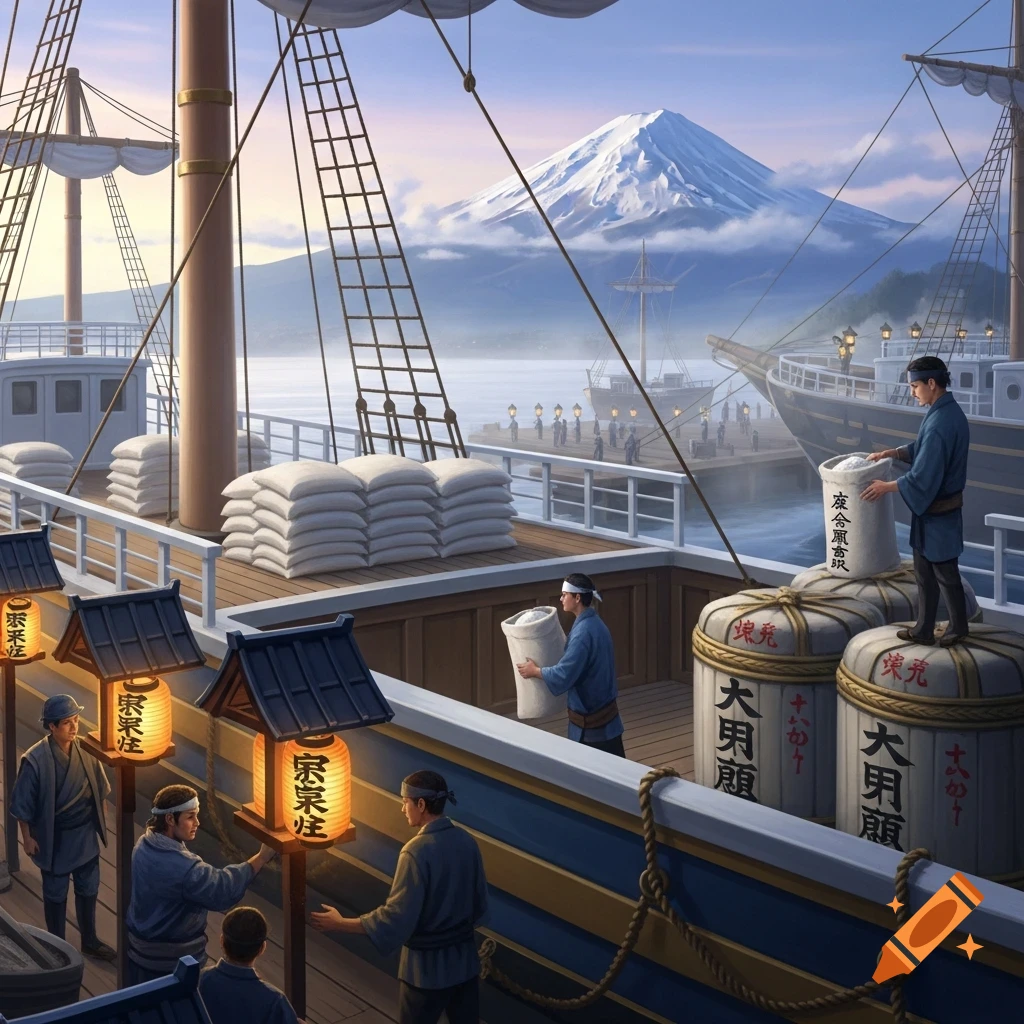 Men load sacks and barrels onto a traditional Japanese ship with Mount Fuji in the background, a scene of historical export.