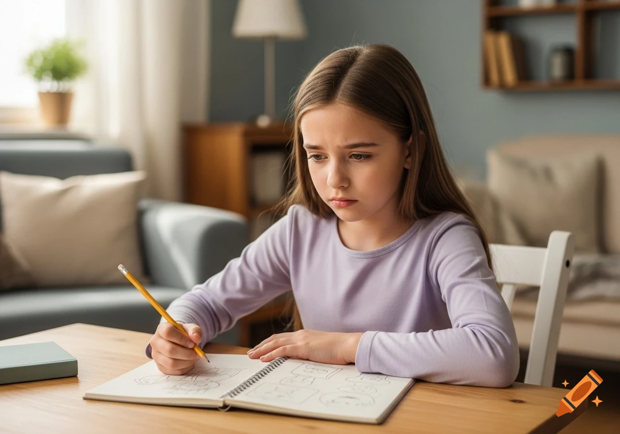 A young girl with long brown hair, wearing a purple long-sleeved shirt, sits at a wooden table drawing in a notebook with a pencil.