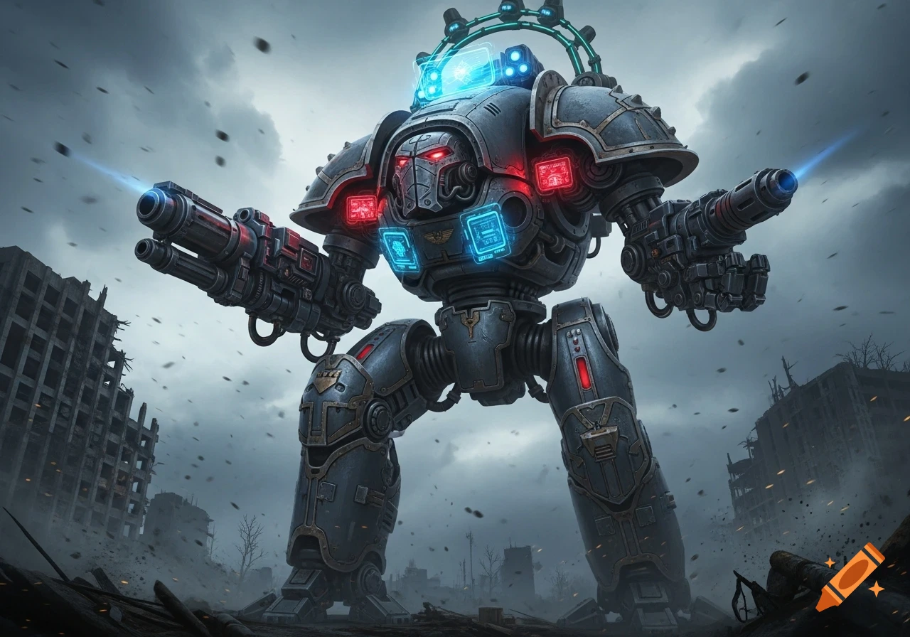 A giant, heavily armored war robot with glowing red eyes and blue screens, firing energy weapons, stands amidst a destroyed city under a stormy sky.