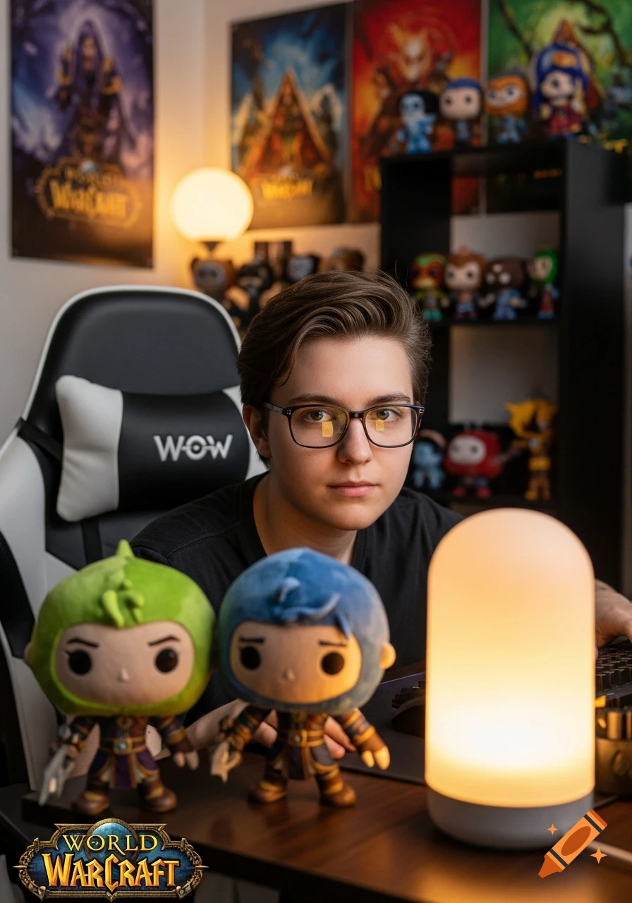 A World of Warcraft enthusiast with glasses and brown hair sits in a gaming chair, flanked by two plush figures and a lamp, surrounded by posters and collectibles.