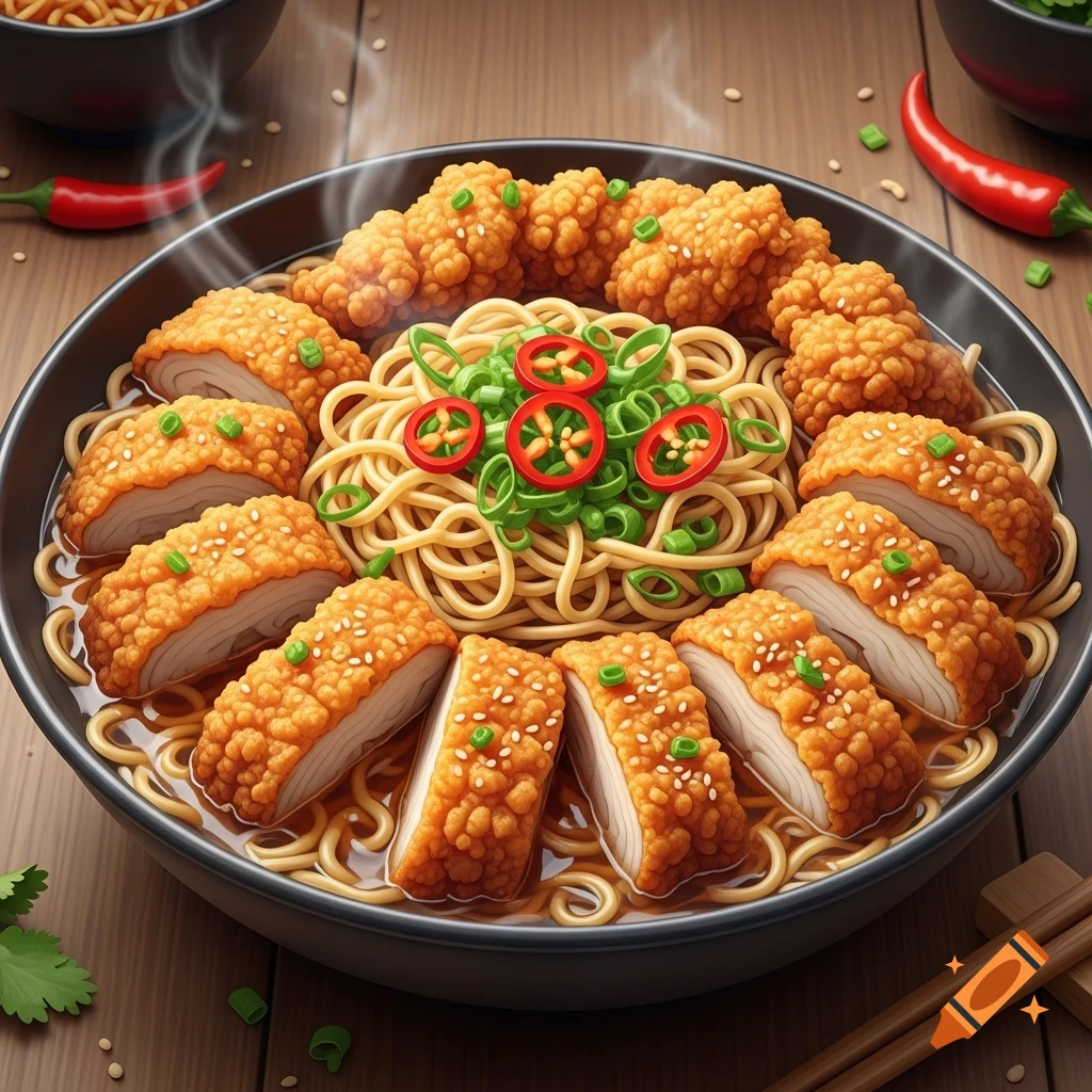 A close-up view of a bowl of ramen noodles topped with crispy fried chicken pieces, garnished with sliced red chili peppers and green onions.