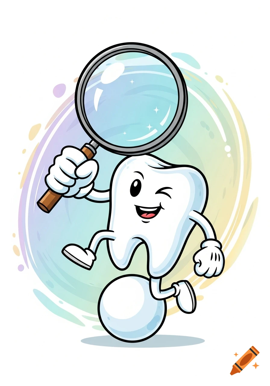Winking cartoon tooth character holding a magnifying glass, running against a soft, colorful watercolor background.
