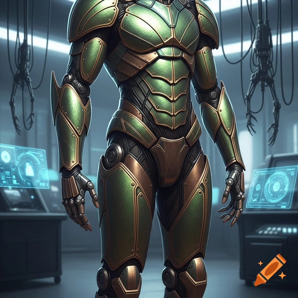 Photorealistic green and bronze exoskeleton armor in a futuristic lab.