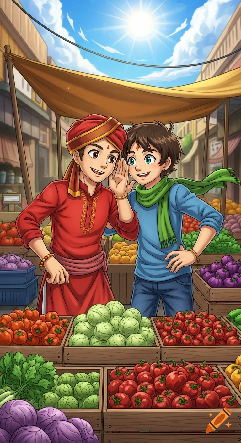 Digital illustration of two young men whispering behind crates of bright vegetables in a chaotic, sunlit Indian market.