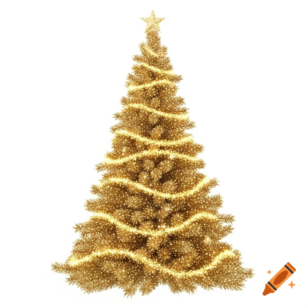 A golden glitter Christmas tree, decorated with string lights and topped with a star, against a white background.