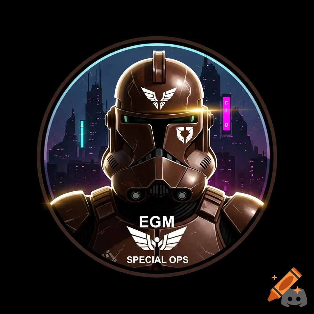A brown Star Wars Clone Trooper helmet with "EGM" and "SPECIAL OPS" text in a circular profile picture, set against a neon cyberpunk city skyline. A Discord logo is in the bottom right.