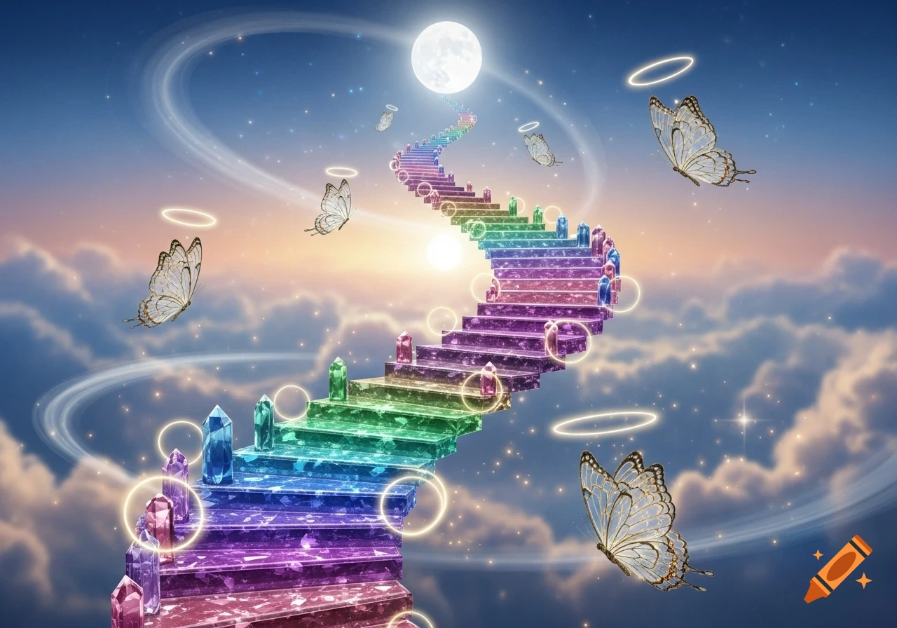 A vibrant rainbow crystal stairway winds up towards a full moon in a starry sky with clouds, glowing rings, and butterflies.