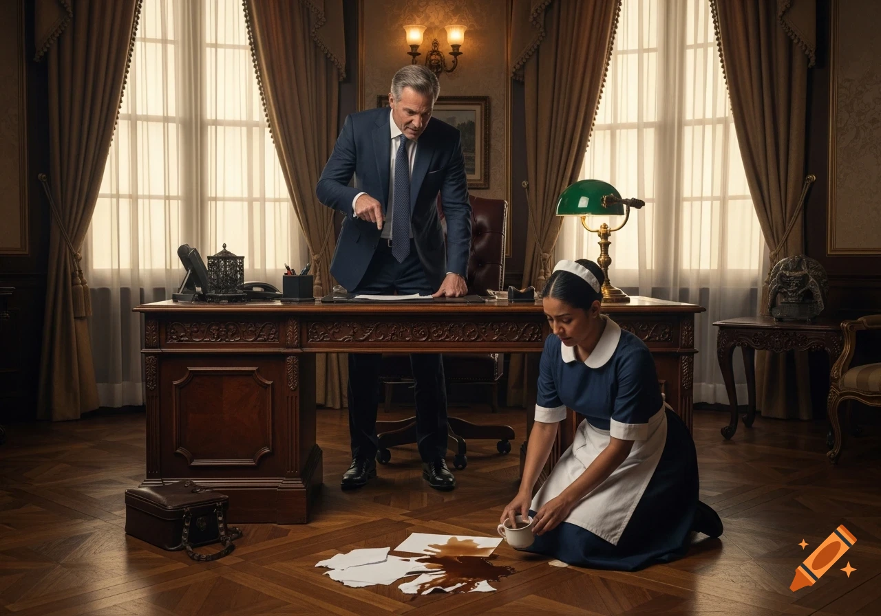 A man in a suit points angrily at a coffee spill on the floor, while a maid kneels sadly to clean it in a luxurious office.