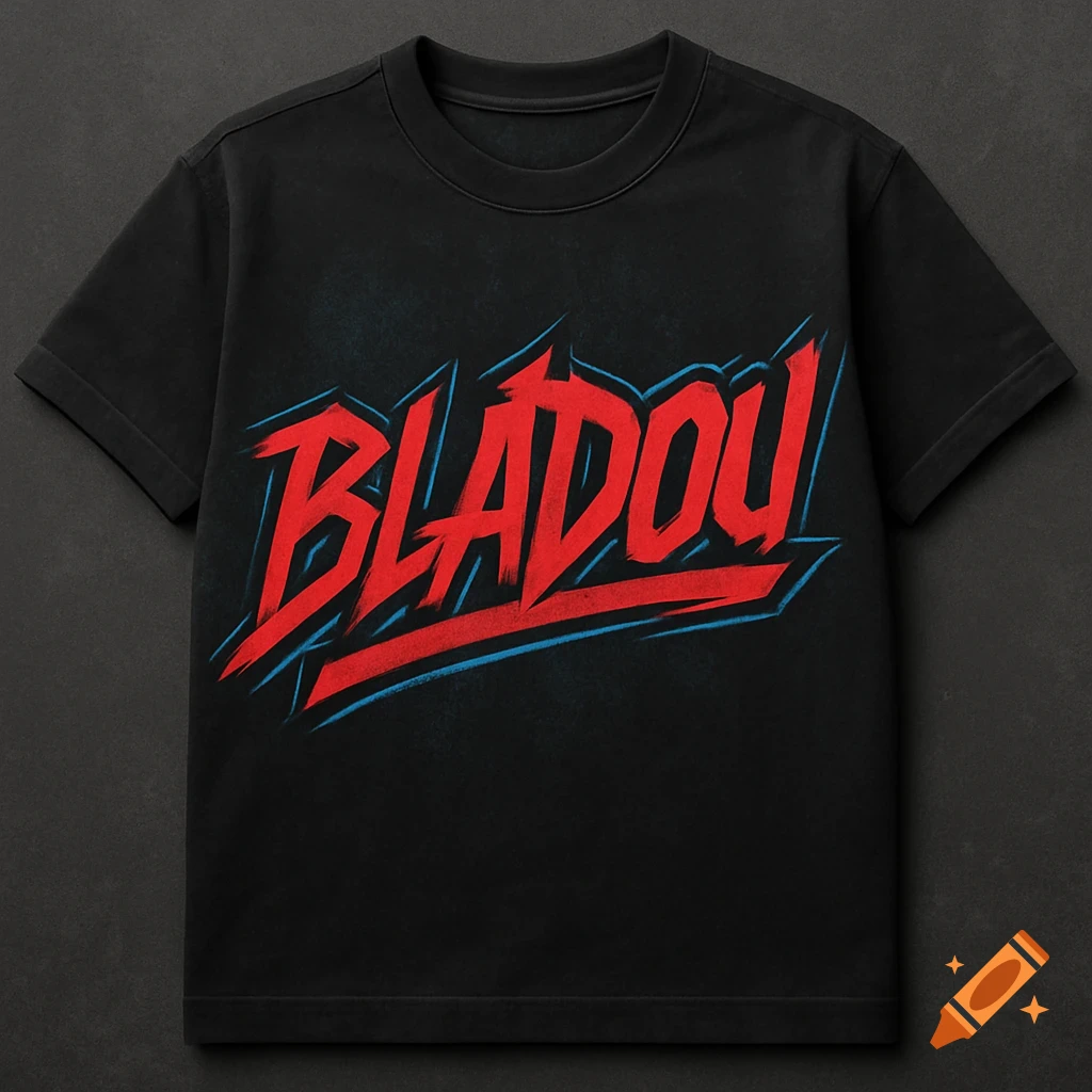 A black t-shirt featuring a stylized red and blue "BLADOU" logo in a bold, brush-stroke font.