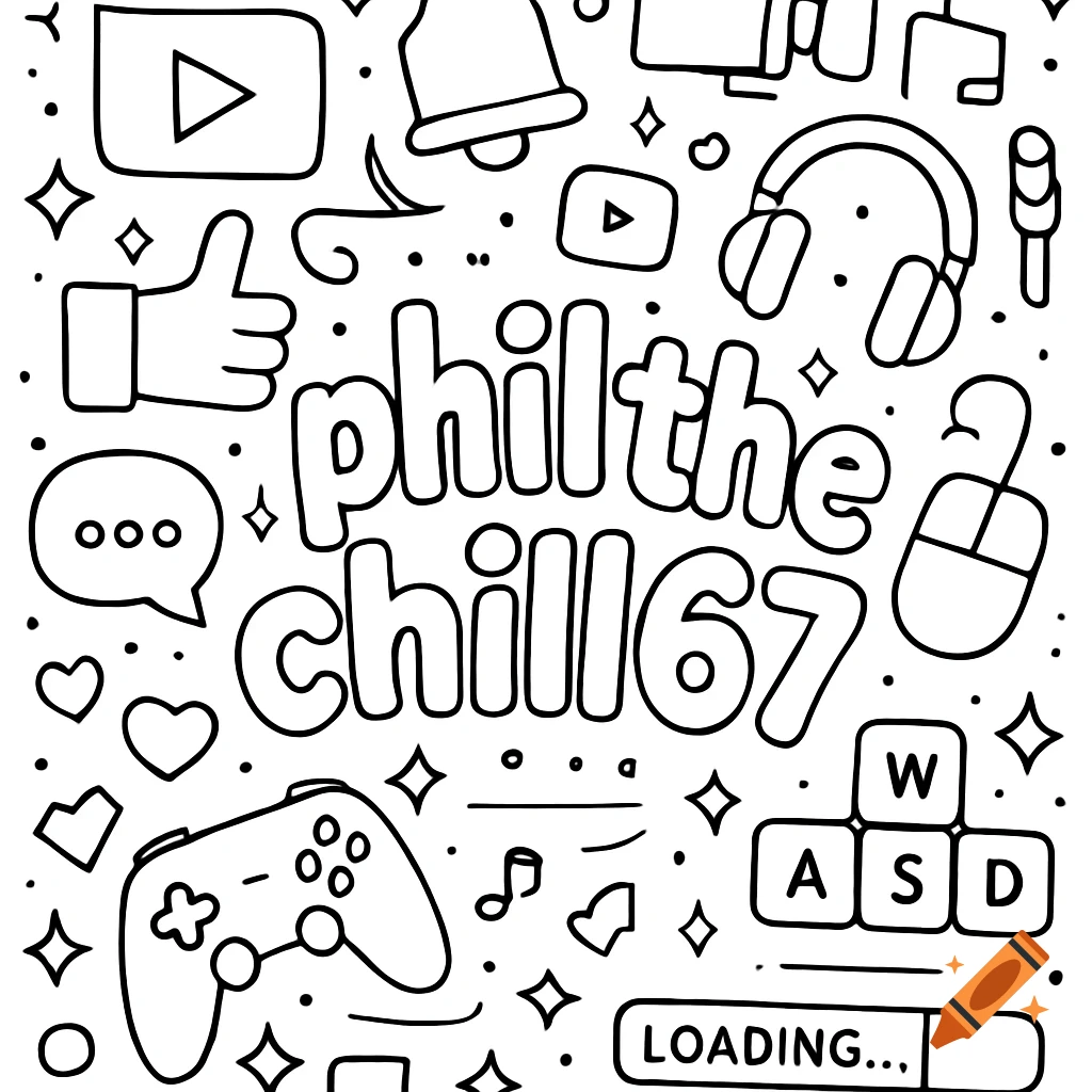 Black-and-white coloring page with "philthechill67" in bubble letters, surrounded by gaming and social media icons.