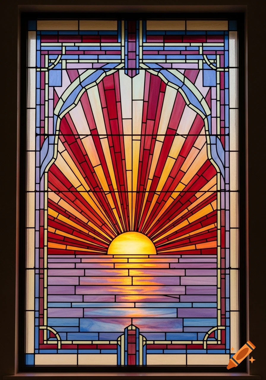 A vibrant Art Deco stained glass window depicts a sunset with radiating orange and red light over purple and blue water.