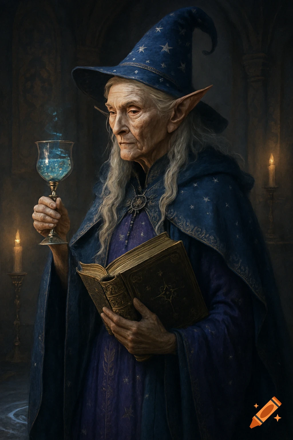 An old elf magician in a blue pointy hat and cape holds a glowing blue chalice and a grimoire in a dark, candlelit setting.